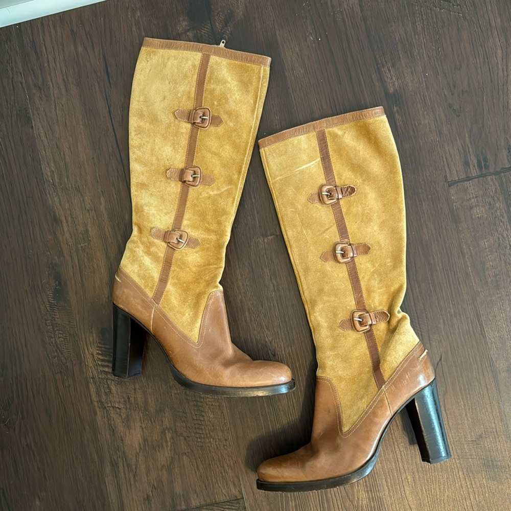 VIA SPIGA TALL LEATHER BOOTS HEELS BROWN TWO TONE SIZE 10